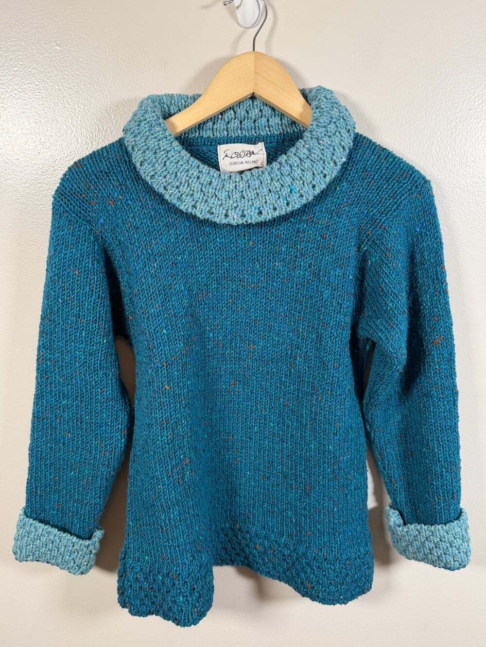 Vintage Rossan Irish Wool Sweater Size Small? Handloomed Blue Folk Fisherman